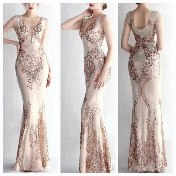 Gold, Floral,V Neck, Round Back, Sleeveless, Beaded, Sequined, Mermaid… - Picture 2 of 16